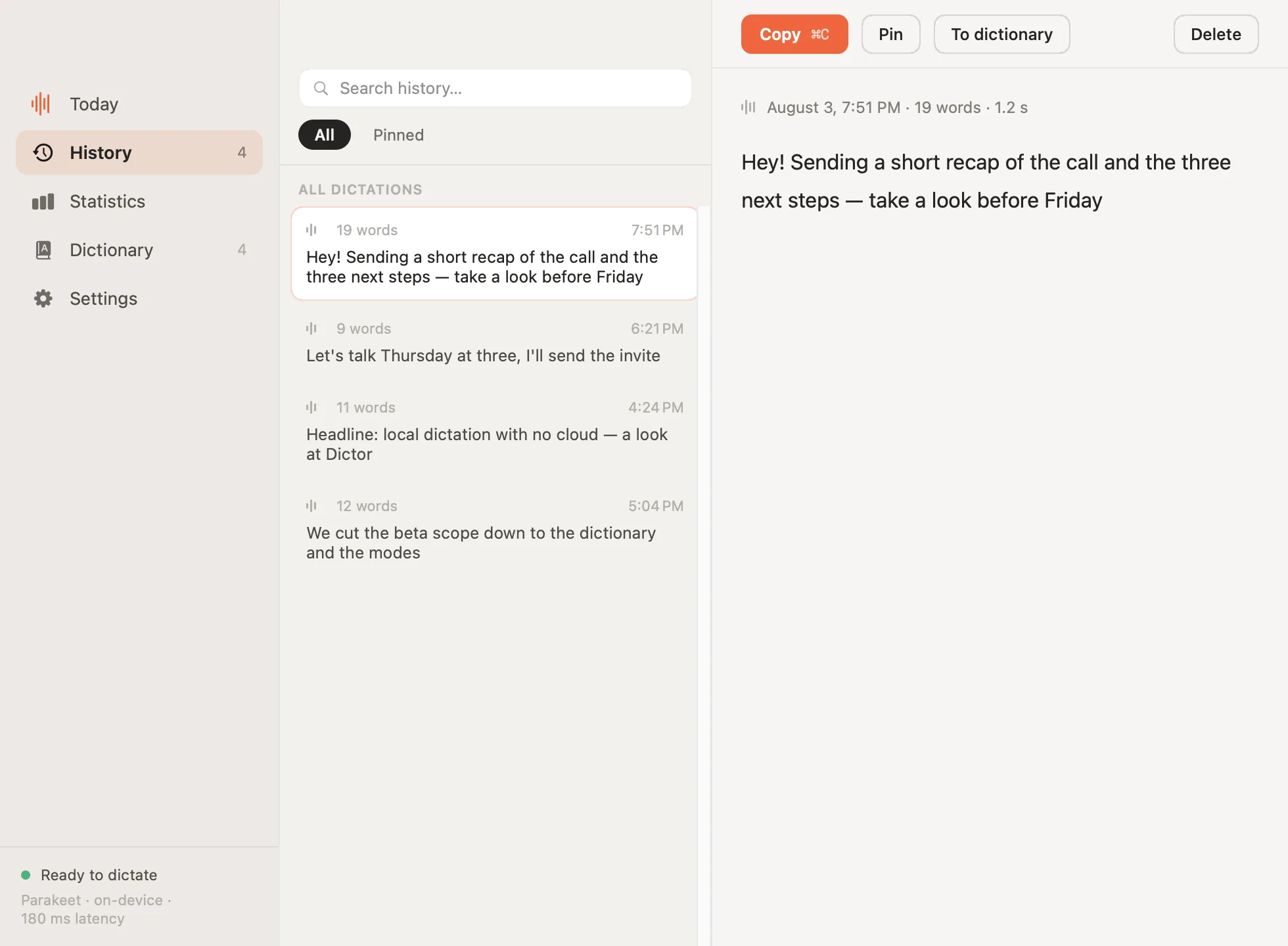 The History section: a list of dictations, search with highlighted matches, full text on the right