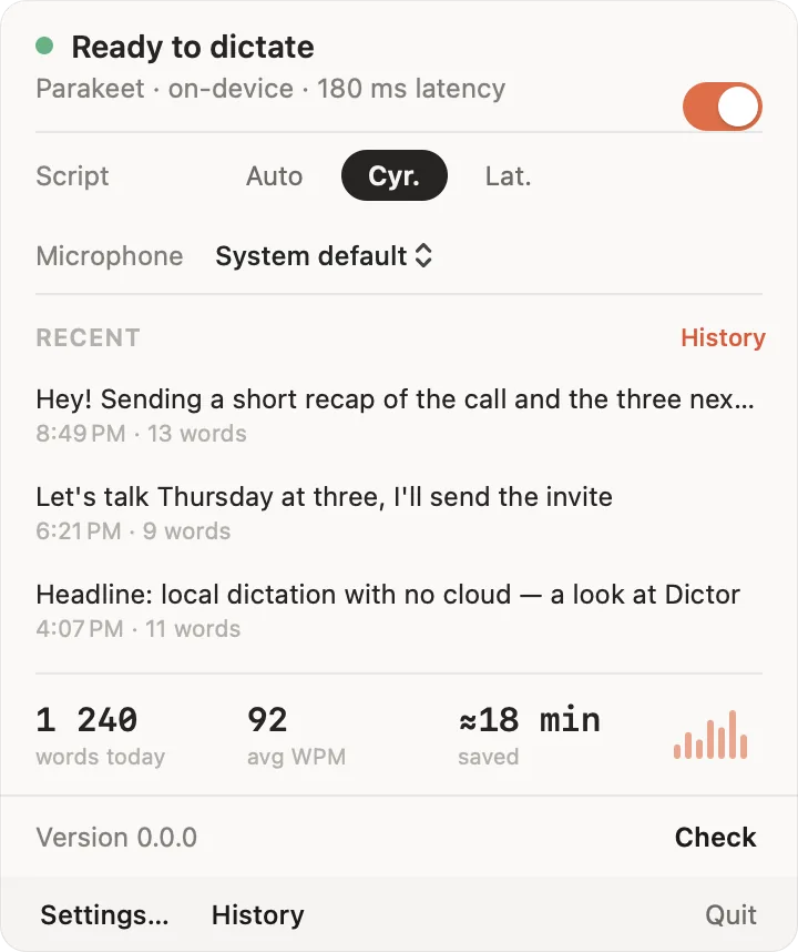 The menu bar panel: service state, language, microphone, recent dictations