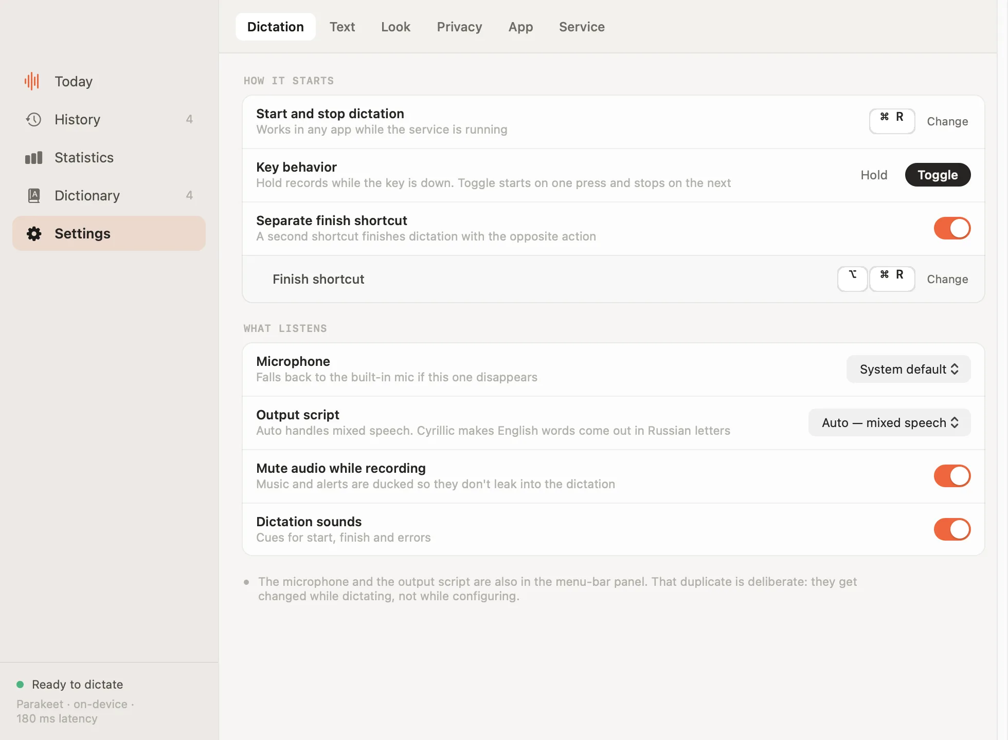 Settings inside the window, seven tabs