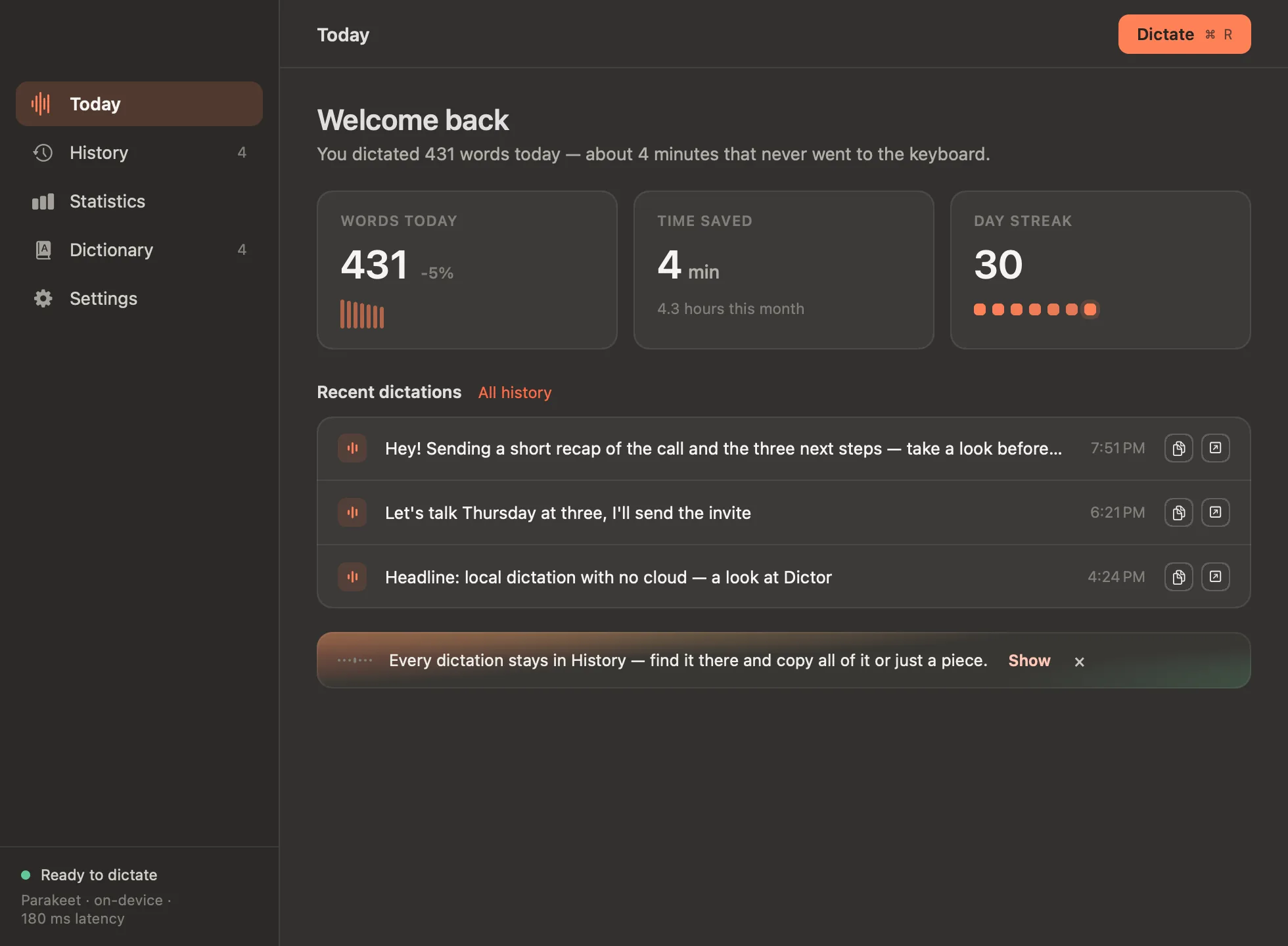 The same Today window in dark mode